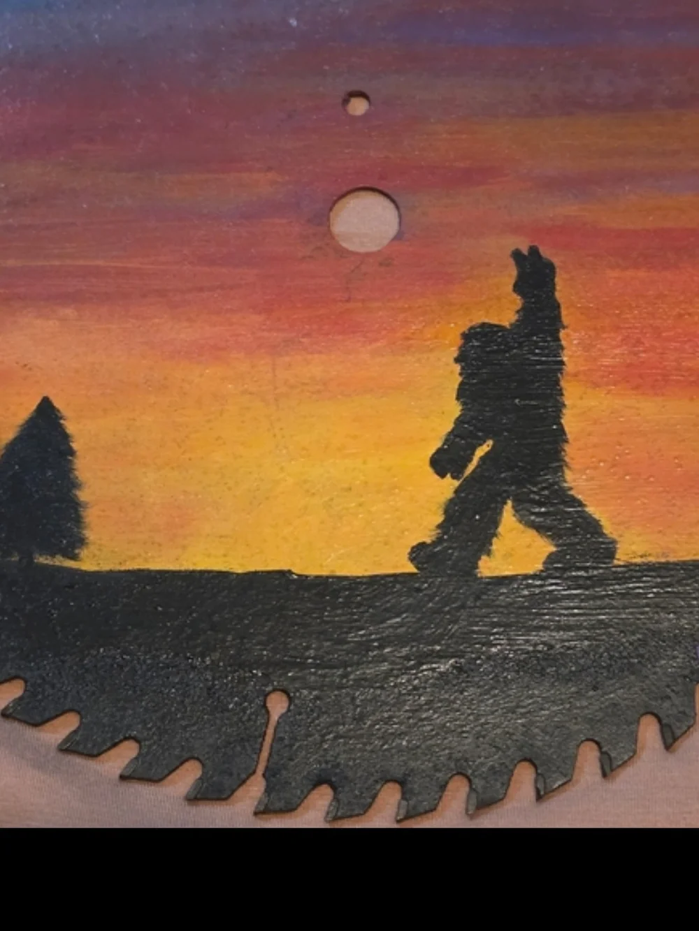 Custom Hand-Painted Saw Blade Double-Sided Bigfoot Silhouette Rustic Cabin Decor
